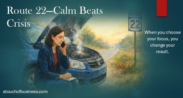 Watercolor of Hannah by a broken-down blue sedan on Route 22, calmly calling for help as light steam rises from the open hood at sunrise.