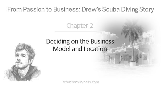 Drew and small city beach scene indicating location choice.