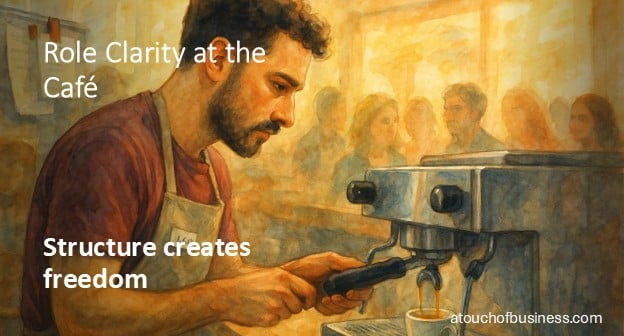 Leo, the espresso lead, watches a perfect shot pour with subtle crema tiger striping, order tickets clipped nearby, and a softly blurred morning line in the café.