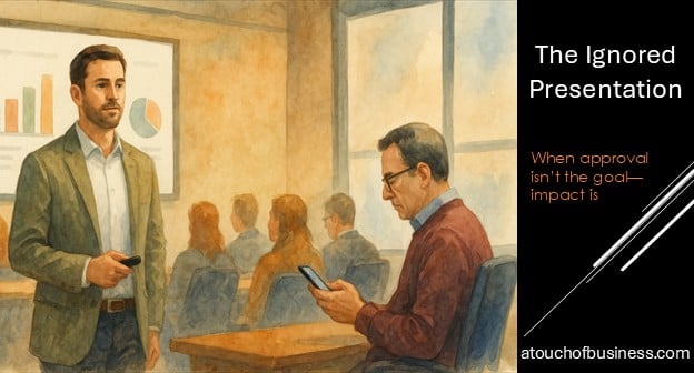 Manager ends a presentation while an executive checks a phone, watercolor.