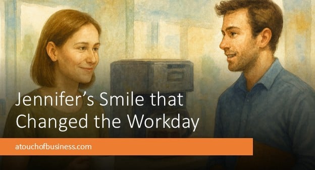 Realistic watercolor, Jennifer (25, short light-brown hair, long face) smiles by an office coffee machine.