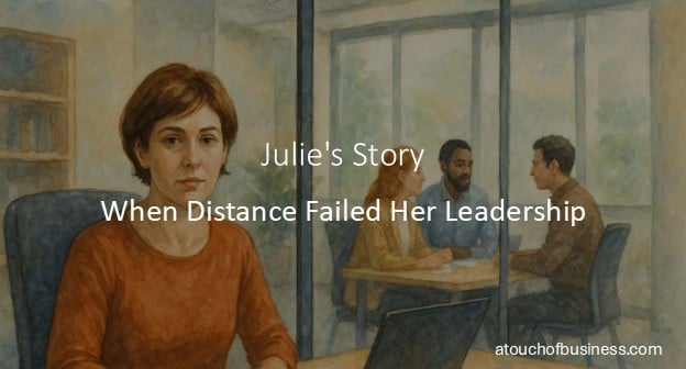 Julie, a manager with a heart-shaped face behind a glass office wall, separated from her team; full-color watercolor symbolizing leadership distance.
