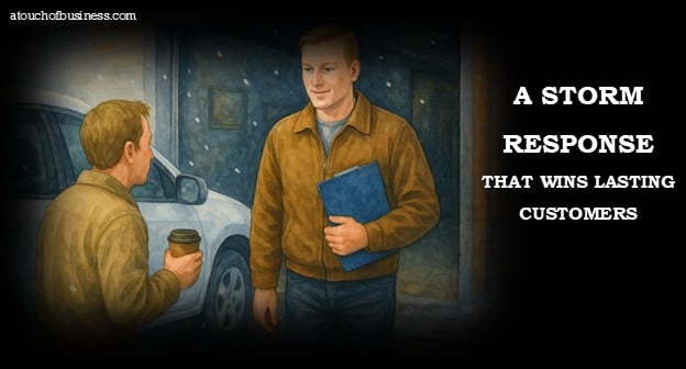 Jimmy with short blond greeting a driver at a snowy service bay, clipboard in hand.