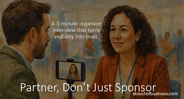 Sponsor interviewing the event organizer at a community fair, recorded on a phone.