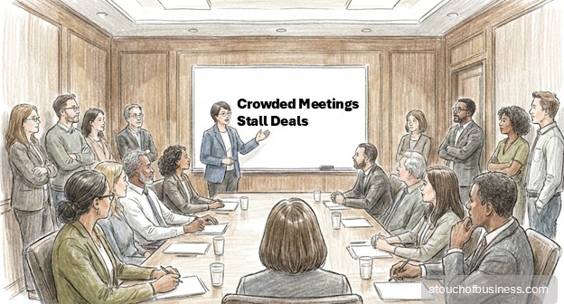 Realistic illustrative sketch of a professional presenting to a diverse group in a crowded meeting room.
