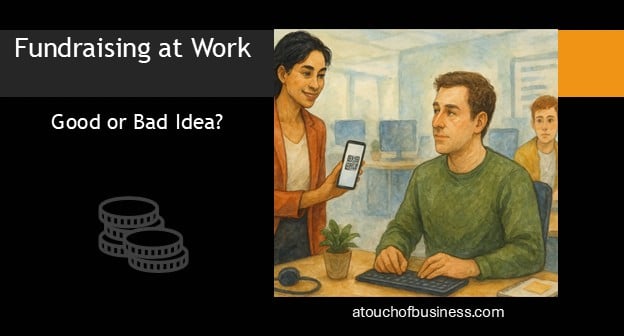 Top performer shows a QR code at a coworker’s desk as another glances over, conveying subtle pressure from a “no-pressure” fundraiser.
