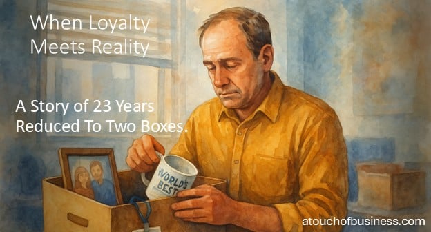Watercolor of a middle-aged man packing personal items into a box at his office desk, reflective expression.