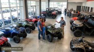 Customers browse multiple models of ATVs and UTVs inside a bright, modern powersports dealership showroom in operation.