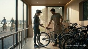 A customer renting a cruiser bicycle from a modern bike rental station at sunrise.