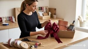 Close-up of artisan hands expertly tying a large burgundy satin ribbon bow for a luxury gift basket.