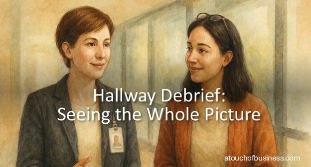 Watercolor painting of Sasha and Naomi talking in a bright office hallway after a meeting, warm and collegial mood.