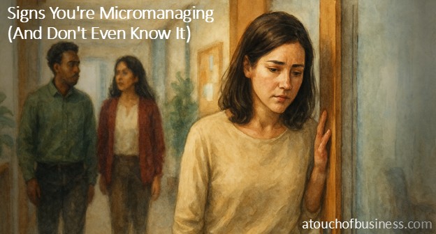 Watercolor scene of Anna pausing at her office doorway while two coworkers pass in soft focus; late-day office light, shallow depth of field, a quiet realization about micromanagement.