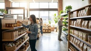 An organic health food store with customers browsing shelves.