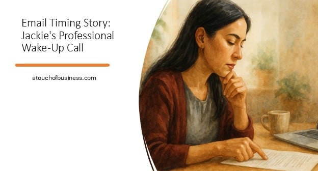 Watercolor of Jackie, 38, with long black hair reading an email draft aloud, finger tracing a sentence, laptop and coffee nearby—focused and composed.