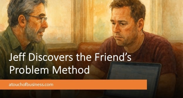 Watercolor of mentor Henry advising a tired café owner, Jeff, across a diner booth; laptop with spreadsheet open, coffee mugs and paper receipts on the table, eye-level two-shot.