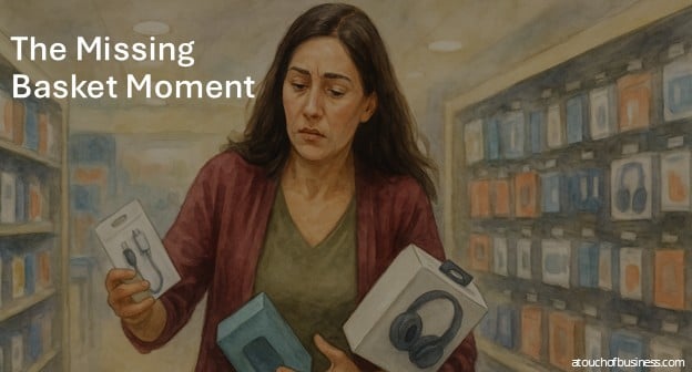 Stella, 45, juggling a phone charger, power bank, and headphones in an electronics aisle with no baskets visible—one item slipping, realistic watercolor.