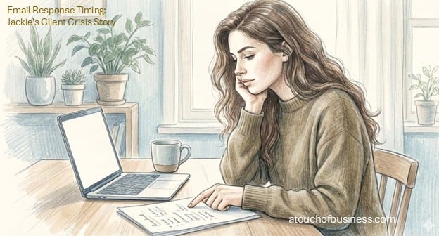 Realistic sketch illustration of a thoughtful woman with long hair pointing at a document while sitting at a desk with a laptop and indoor plants.