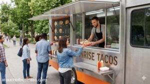 A food truck where a vendor hands a meal to a customer.