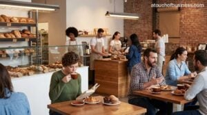 People enjoying coffee and pastries inside a modern, non-branded cafe and bakery.