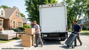 Two movers loading a truck with furniture and boxes.