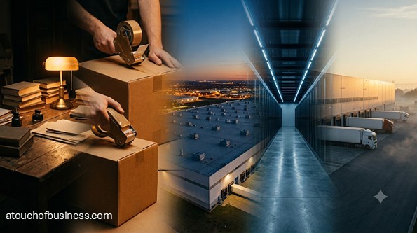 A cinematic blended image flowing from a small cluttered workspace through a box being sealed and a rooftop distribution facility to a server corridor and a dawn warehouse exterior, tracing the growth of a global commerce and technology company.
