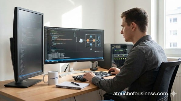 Entrepreneur starting a cybersecurity business in a home office, looking at code and network architecture on monitors.