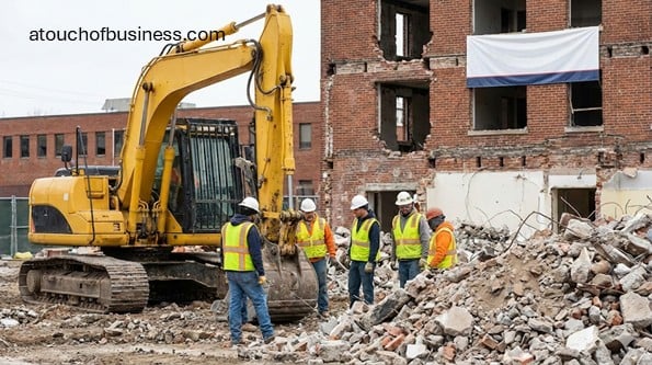 Demolition crew and excavator at a job site, illustrating a new business project.
