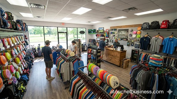 Inside view of a busy disc golf shop with customers, many discs, bags, and apparel.