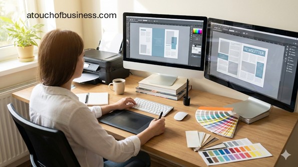 Woman working on graphic design in a home office with dual monitors and color swatches for desktop publishing.