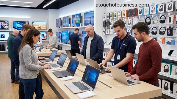 A Busy electronics store interior with customers browsing laptops and a salesperson assisting a client at a display.