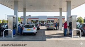 Busy gas station forecourt with multiple cars and people refueling during daytime operations.