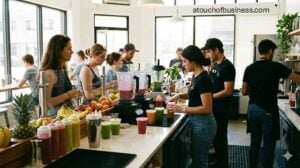 Staff preparing fresh smoothies and juices at a busy juice bar counter with fresh fruit and blenders.