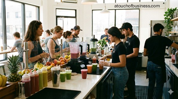 Staff preparing fresh smoothies and juices at a busy juice bar counter with fresh fruit and blenders.