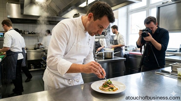 Chef carefully plating a gourmet dish in a professional kitchen, being photographed by a food photographer.