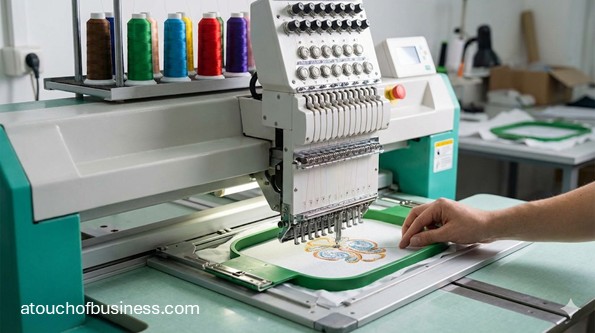 Close-up view of a commercial multi-needle embroidery machine stitching a design onto a baseball cap.