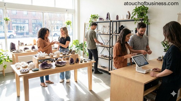 Customers browsing and paying at a modern, brightly lit crystal shop.