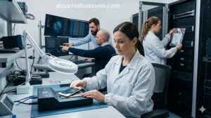 Digital forensics investigators analyzing evidence on mobile devices and computer screens in a professional lab.