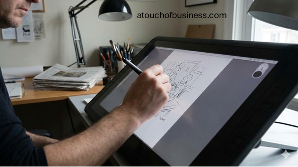 A close-up of an editorial cartoonist using a digital drawing tablet to create a sketch in a home studio with newspapers on a desk.