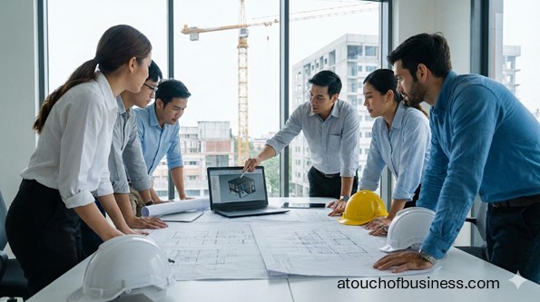 A team of engineers collaborating on blueprints and 3D models in a modern office with a construction site view.