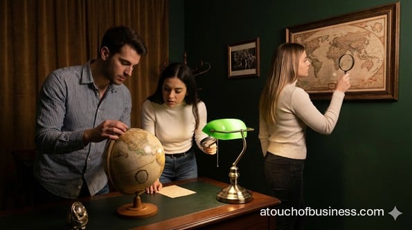 Group of friends intently searching for clues in a themed escape room puzzle game.