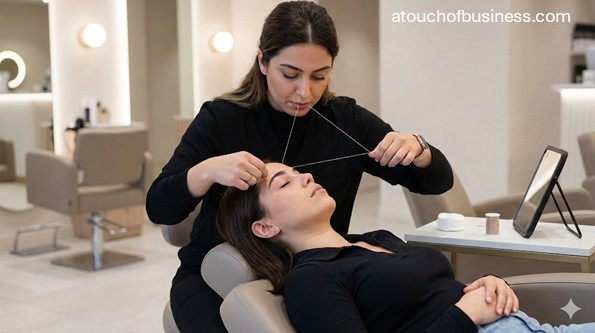 Close-up of a professional threading a client's eyebrow, showing the thread technique and the client's face.