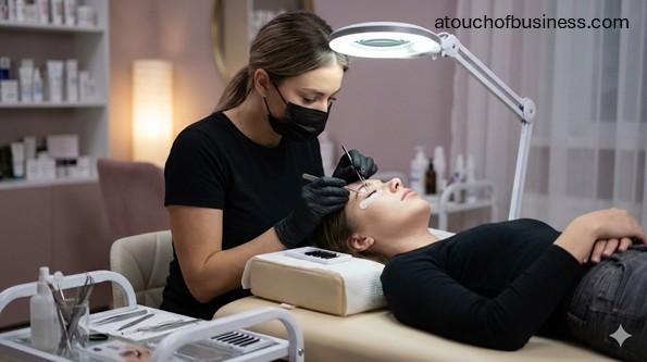 Close-up of a technician using tweezers to apply individual eyelash extensions to a client's eye in a salon.