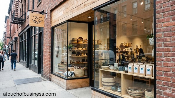 Exterior view of an ethical fair trade business retail store displaying handcrafted baskets, ceramics, and sustainable coffee