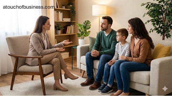 Family therapy session in a professional office, showing a therapist and a family of four in a candid discussion.