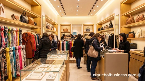 Customers browsing handbags, jewelry, and scarves inside a modern, well-lit fashion accessories boutique.