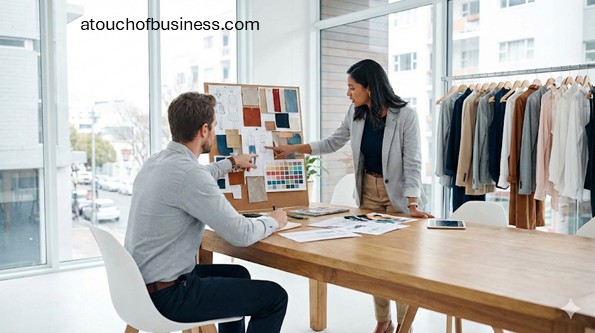 Professional fashion consultant reviewing a mood board and fabric samples with a client in a bright design studio.