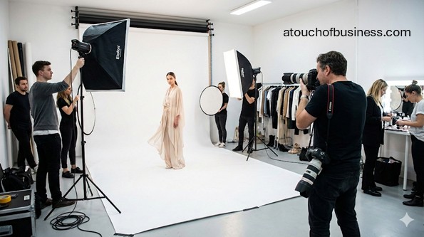 Professional fashion photography business photoshoot in a studio with a photographer, model, and full crew adjusting lighting.