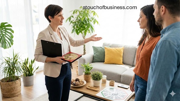 Professional Feng Shui consultant using a Luo Pan compass to advise clients in a modern, well-lit living room.