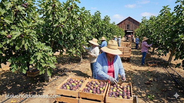 Farmworkers harvesting fresh figs into crates on a sunny fig farm, with a barn and orchard in the background.