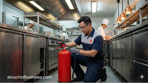 Fire safety technician inspecting a fire extinguisher in a commercial kitchen for business compliance and safety.
